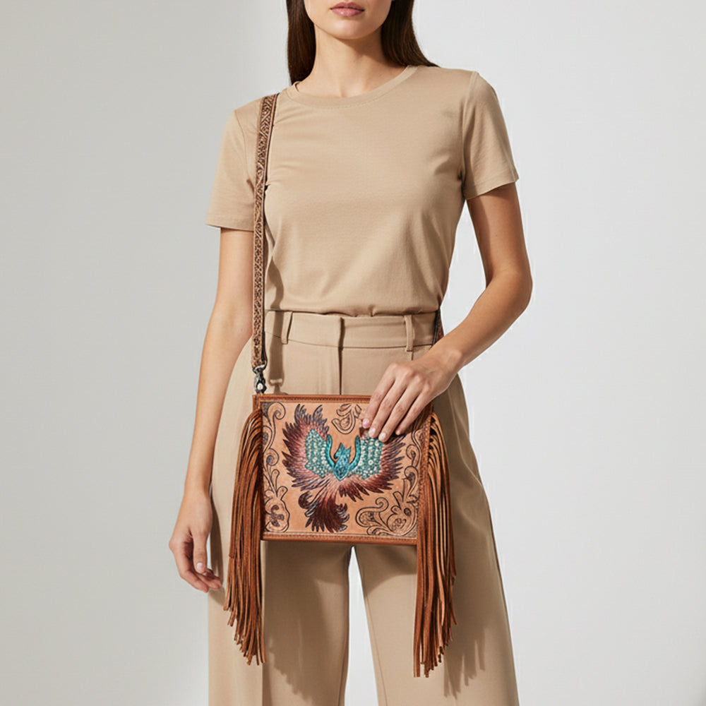 ADBG1730 Tooled Leather Crossbody Bag with Phoenix Design, Long Fringe & Floral Strap Western Artisan Style
