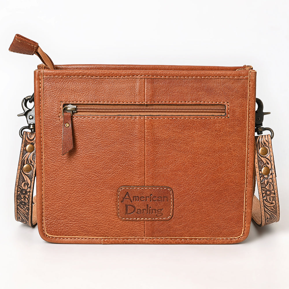 ADBG1730 Tooled Leather Crossbody Bag with Phoenix Design, Long Fringe & Floral Strap Western Artisan Style