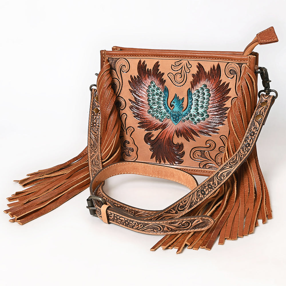 ADBG1730 Tooled Leather Crossbody Bag with Phoenix Design, Long Fringe & Floral Strap Western Artisan Style