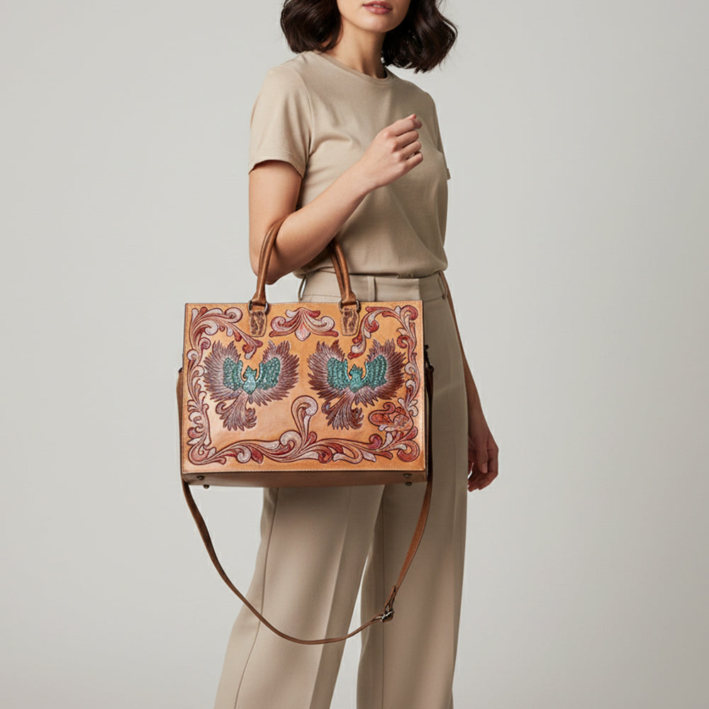 ADBG1731 Tooled Leather Western Tote with Double Phoenix Design & Scroll Embossing Tan