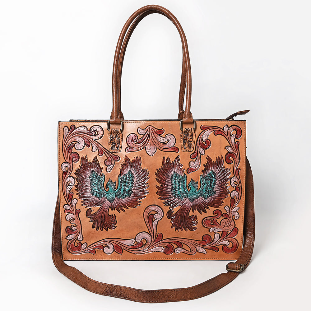 ADBG1731 Tooled Leather Western Tote with Double Phoenix Design & Scroll Embossing Tan