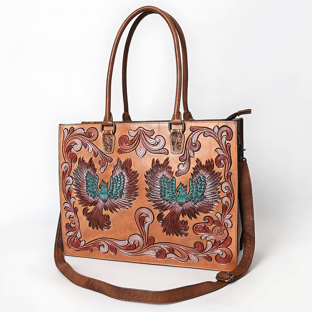 ADBG1731 Tooled Leather Western Tote with Double Phoenix Design & Scroll Embossing Tan