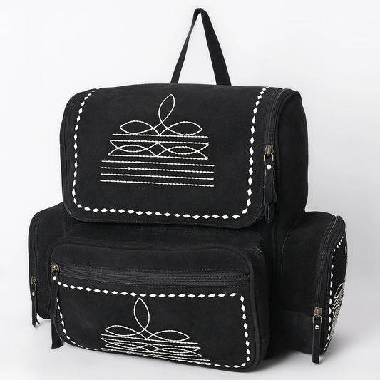 ADBGA795 Genuine suede Western Backpack - White Embroidered Stitch Design with Multi-Pockets