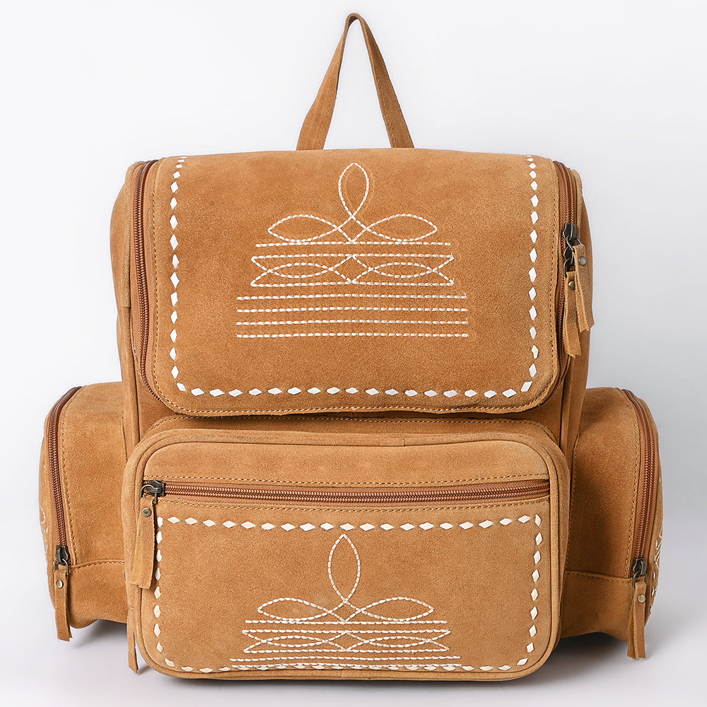 ADBGA795 Genuine suede Western Backpack - White Embroidered Stitch Design with Multi-Pockets