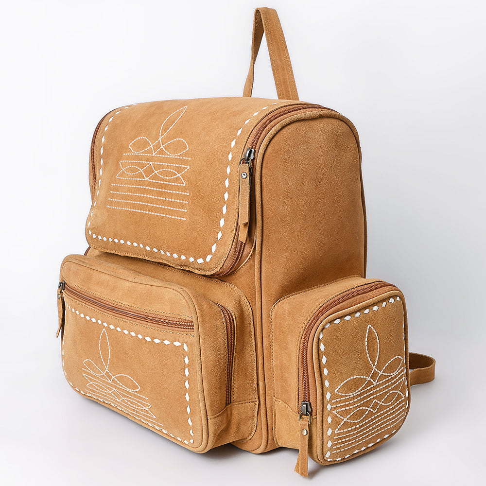 ADBGA795 Genuine suede Western Backpack - White Embroidered Stitch Design with Multi-Pockets