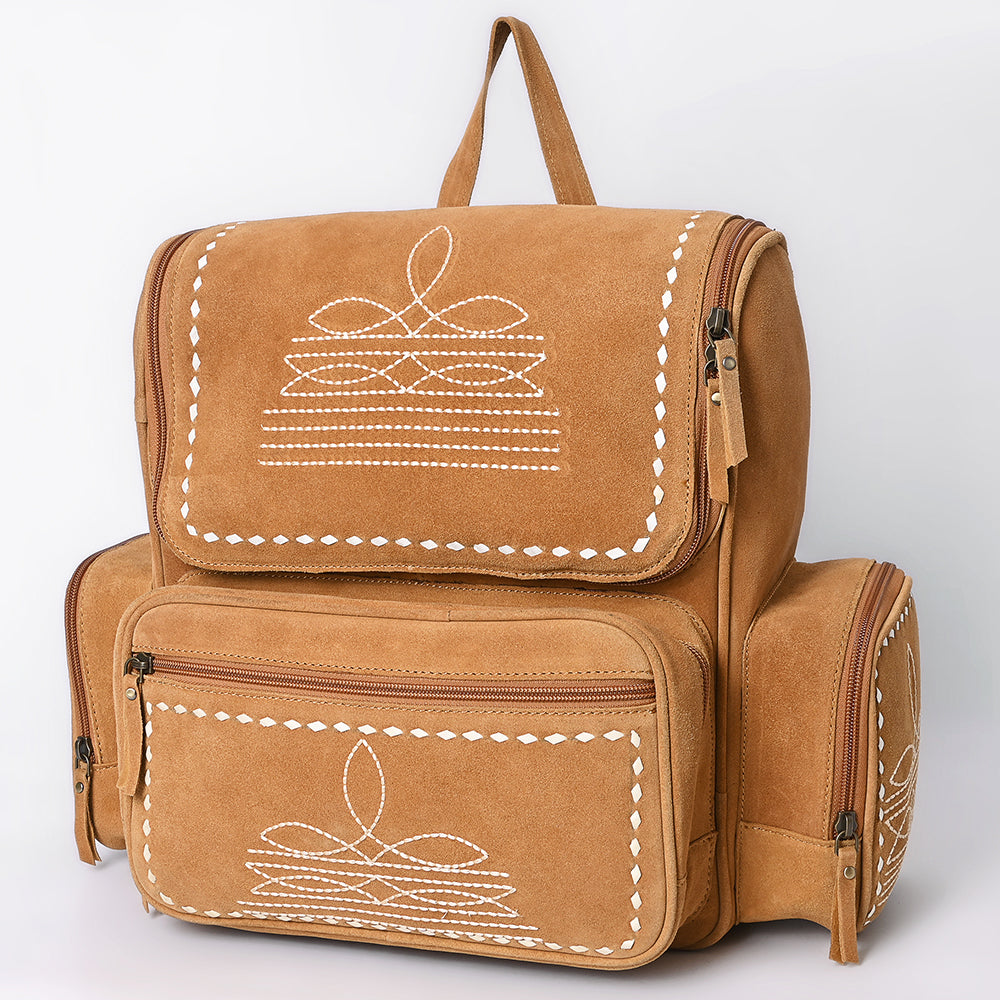 ADBGA795 Genuine suede Western Backpack - White Embroidered Stitch Design with Multi-Pockets