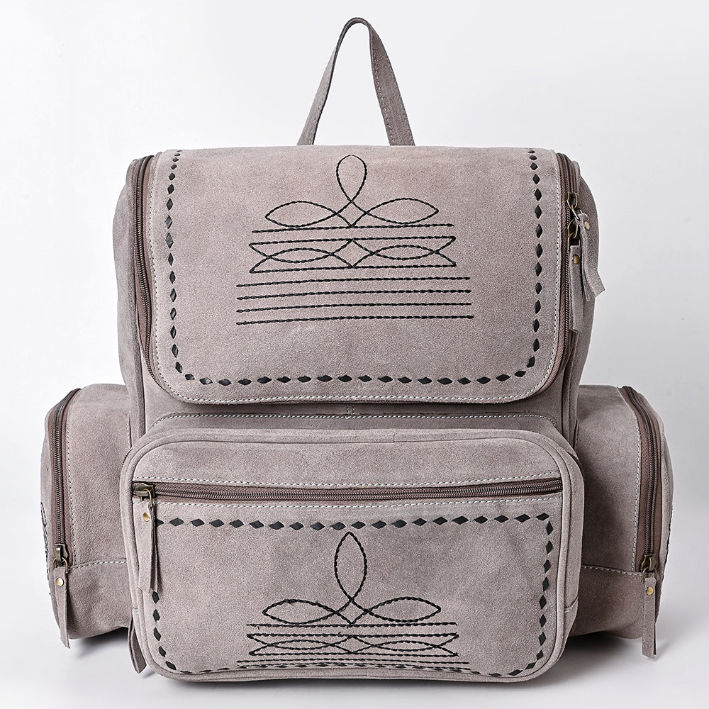 ADBGA795 Genuine suede Western Backpack - White Embroidered Stitch Design with Multi-Pockets