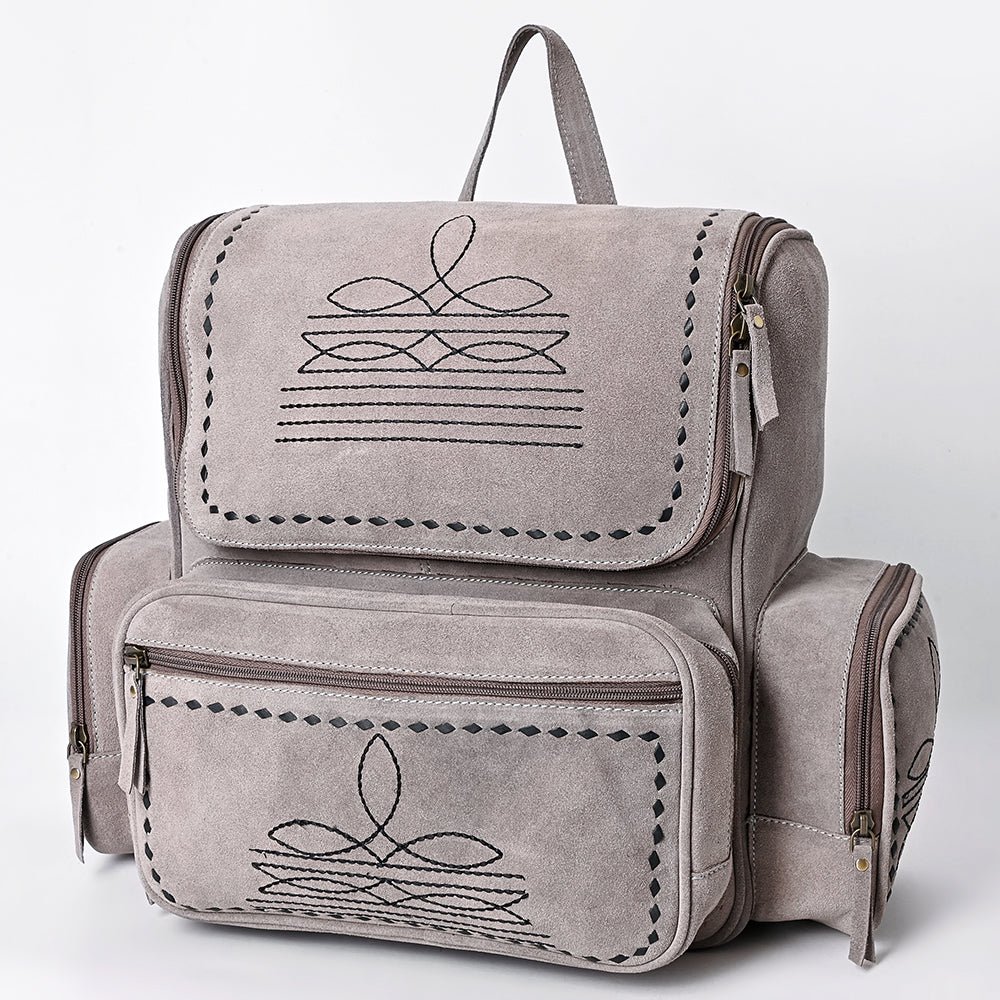 ADBGA795 Genuine suede Western Backpack - White Embroidered Stitch Design with Multi-Pockets