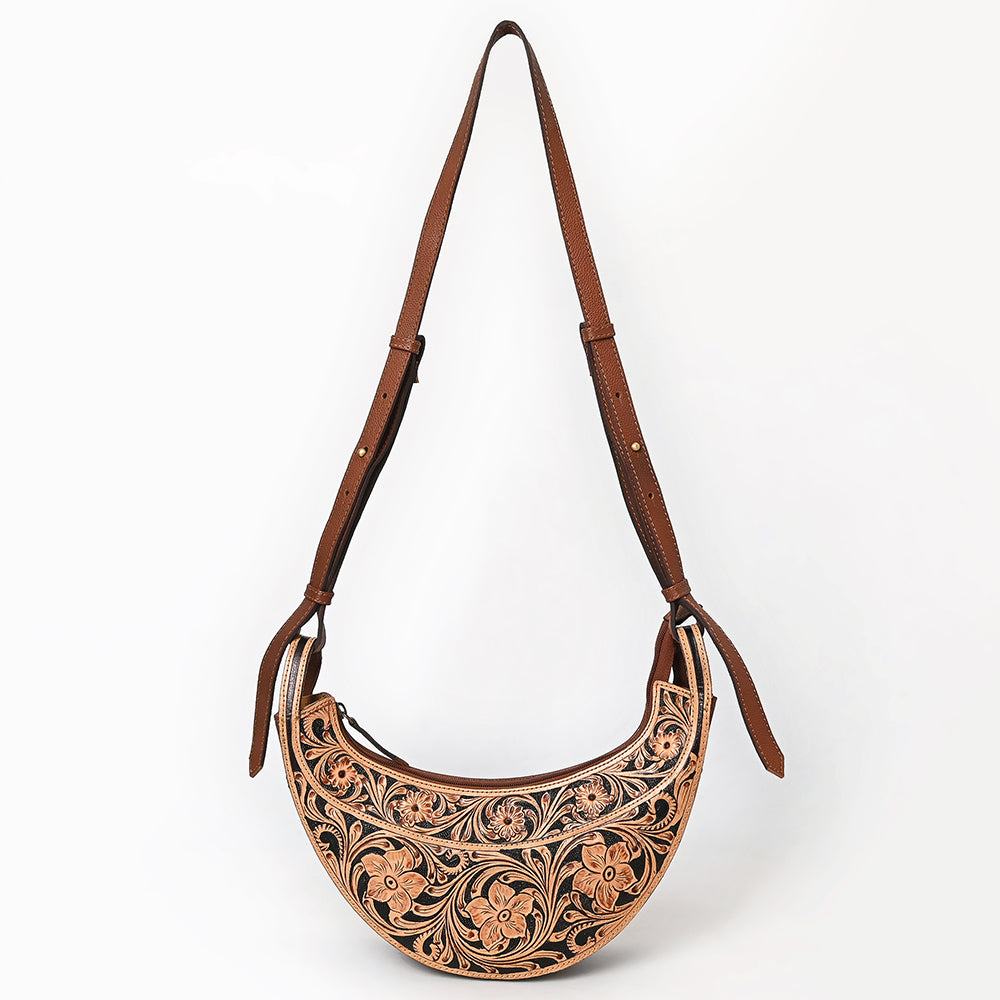 ADBGA797 Tooled Leather Crescent Crossbody Bag - Western Floral Hand-Carved Design