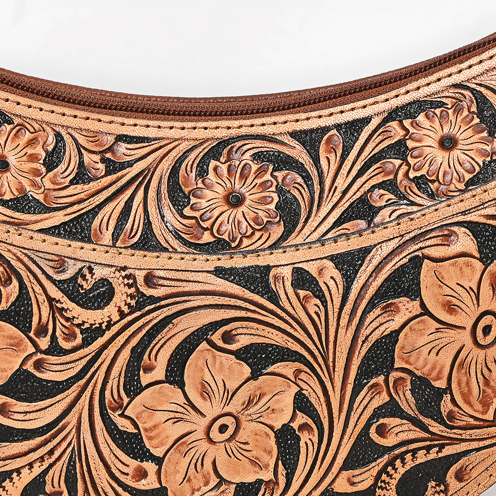 ADBGA797 Tooled Leather Crescent Crossbody Bag - Western Floral Hand-Carved Design