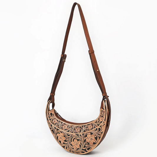 ADBGA797 Tooled Leather Crescent Crossbody Bag - Western Floral Hand-Carved Design