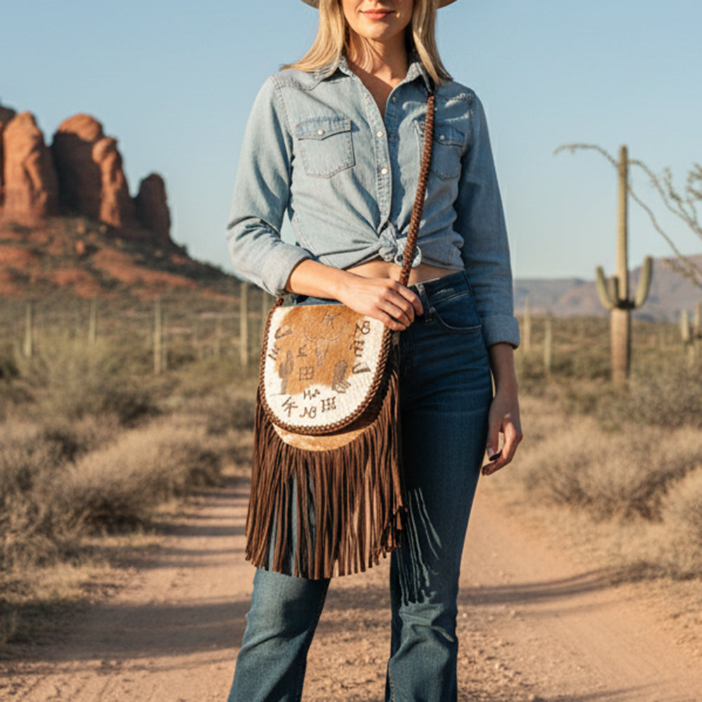 ADBGM669 Western Fringe Crossbody - Hair-On Leather with Cowboy Print & Braided Strap