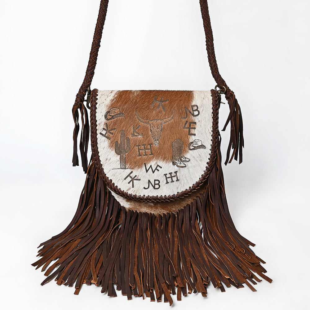 ADBGM669 Western Fringe Crossbody - Hair-On Leather with Cowboy Print & Braided Strap