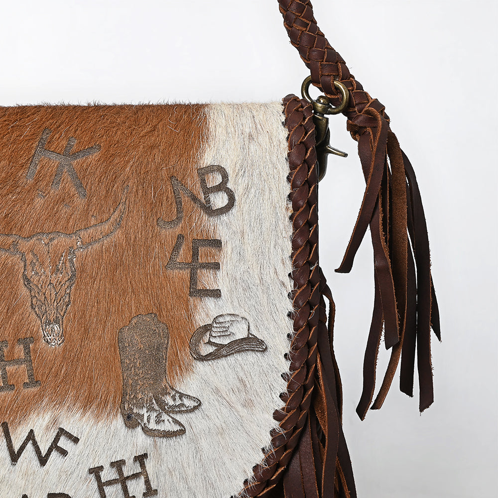 ADBGM669 Western Fringe Crossbody - Hair-On Leather with Cowboy Print & Braided Strap