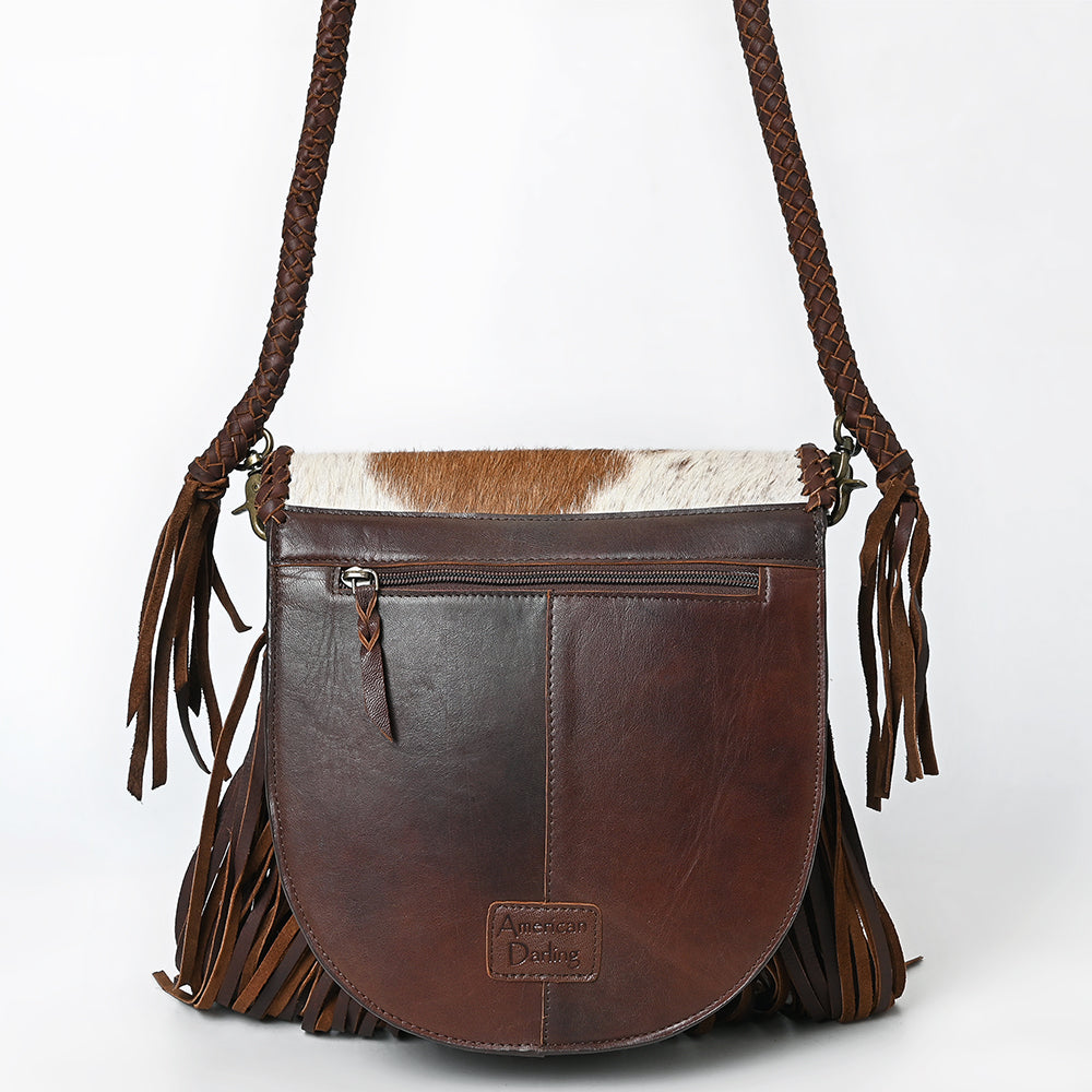 ADBGM669 Western Fringe Crossbody - Hair-On Leather with Cowboy Print & Braided Strap