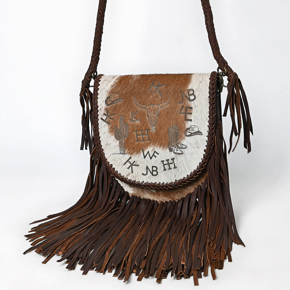 ADBGM669 Western Fringe Crossbody - Hair-On Leather with Cowboy Print & Braided Strap
