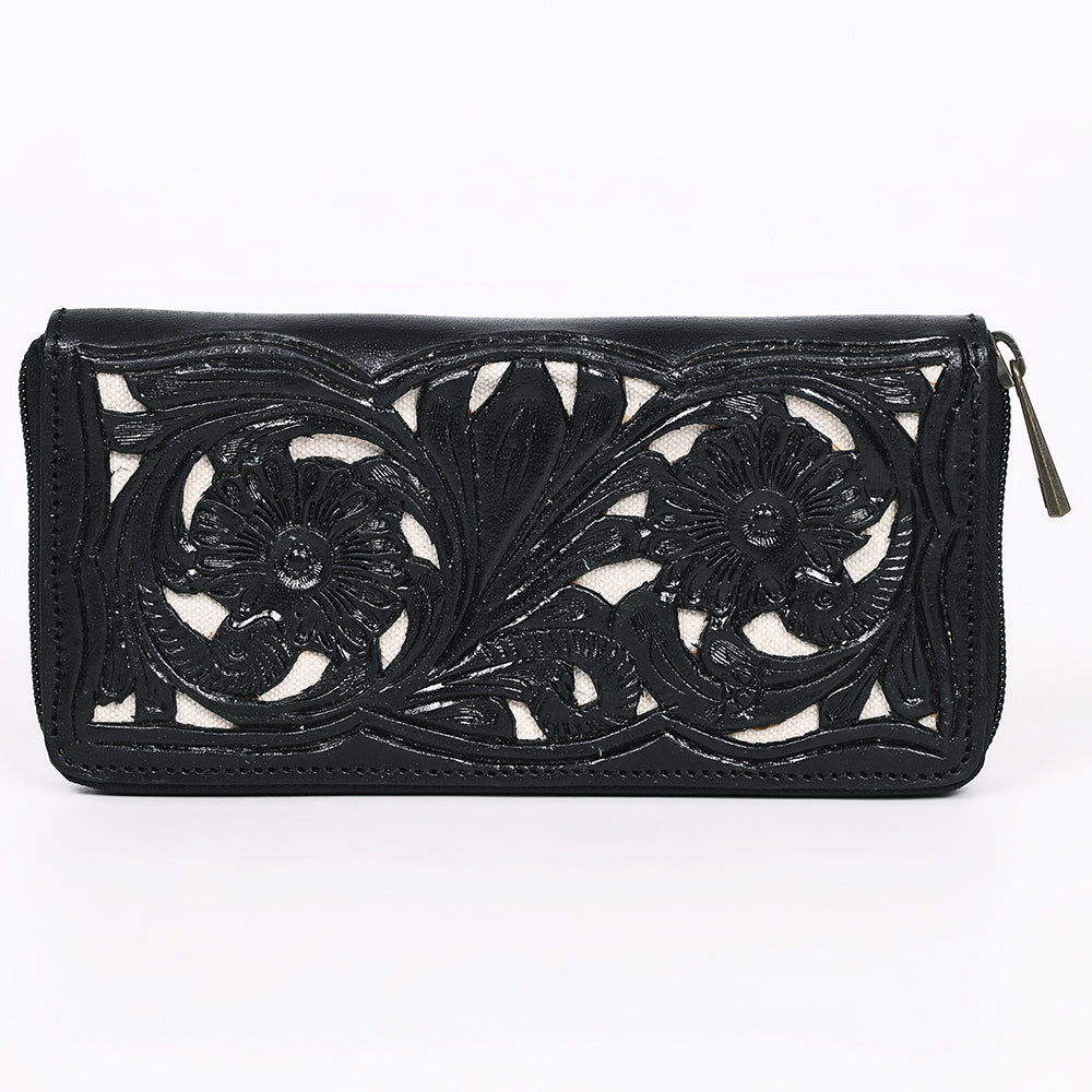 ADBGZ810A Black Hand-Tooled Leather Wallet - Western Floral Zip Wallet with Cream Contrast