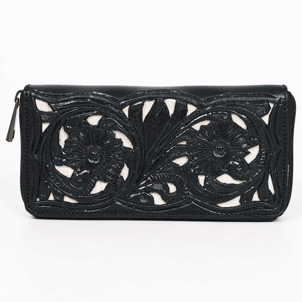 ADBGZ810A Black Hand-Tooled Leather Wallet - Western Floral Zip Wallet with Cream Contrast