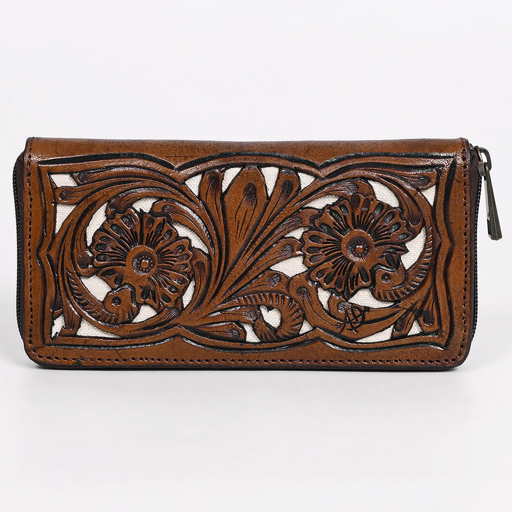 ADBGZ810 Hand-Tooled Leather Wallet - Western Floral Zip Wallet with Inlay