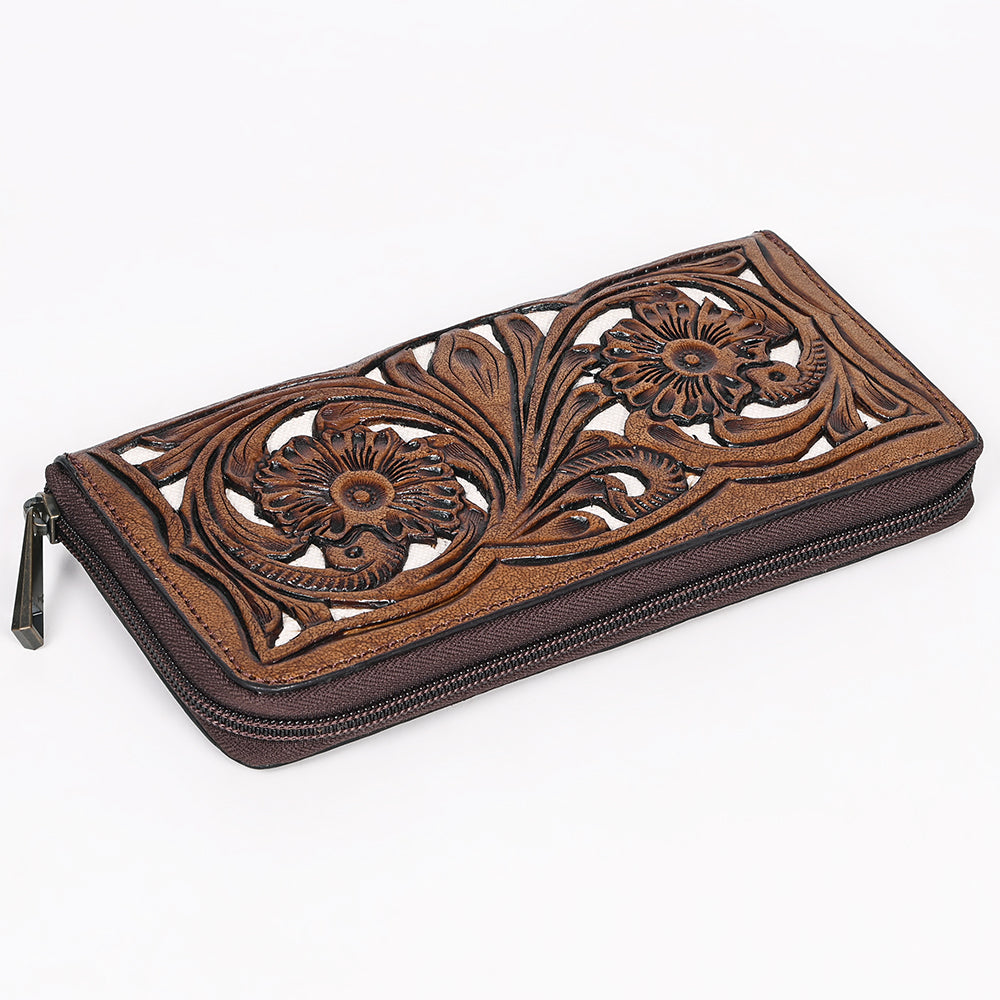 ADBGZ810 Hand-Tooled Leather Wallet - Western Floral Zip Wallet with Inlay