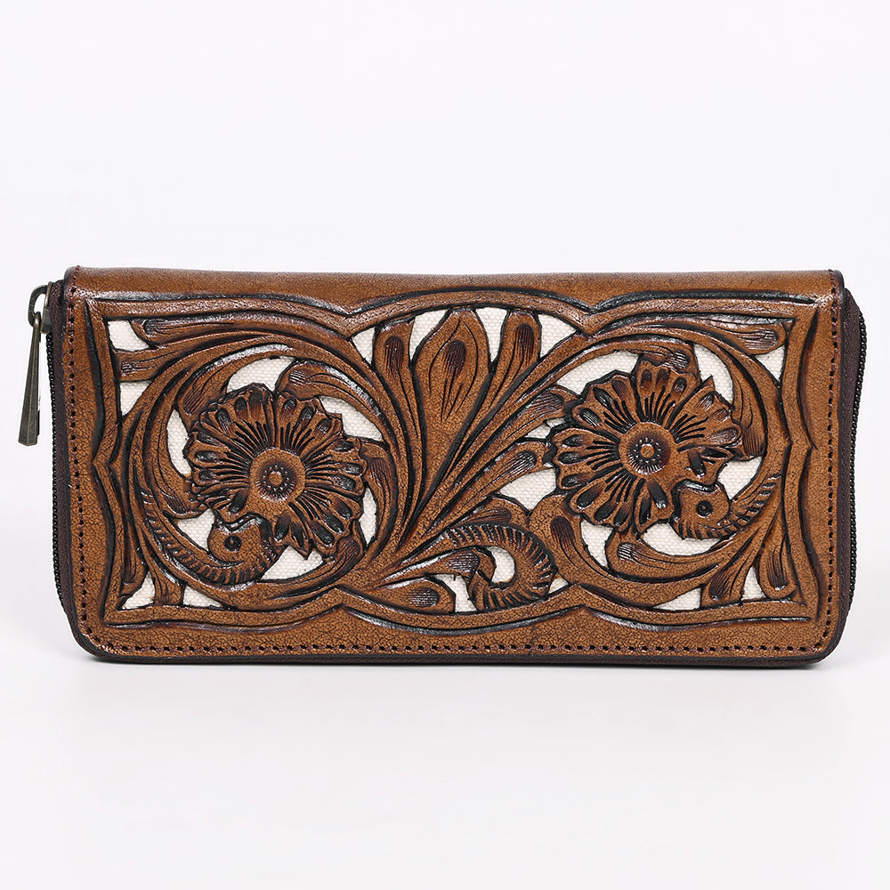 ADBGZ810 Hand-Tooled Leather Wallet - Western Floral Zip Wallet with Inlay