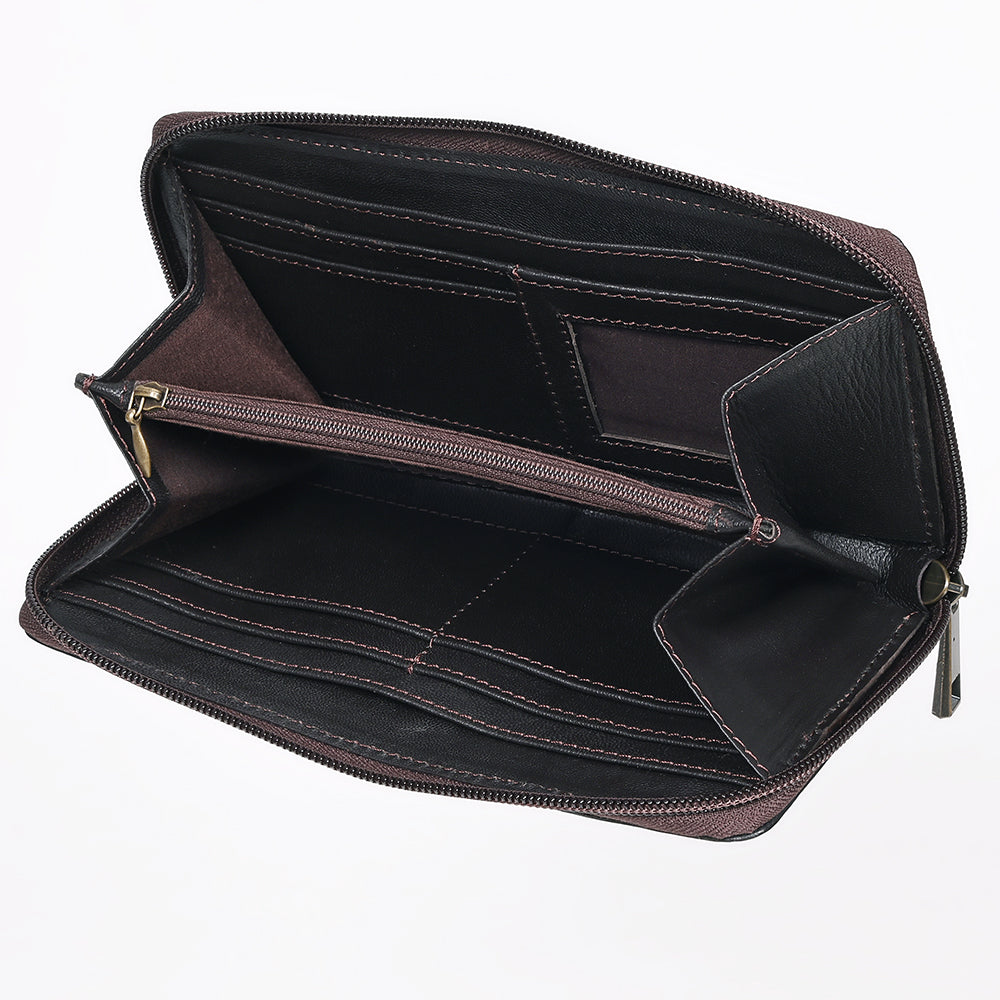 ADBGZ810 Hand-Tooled Leather Wallet - Western Floral Zip Wallet with Inlay