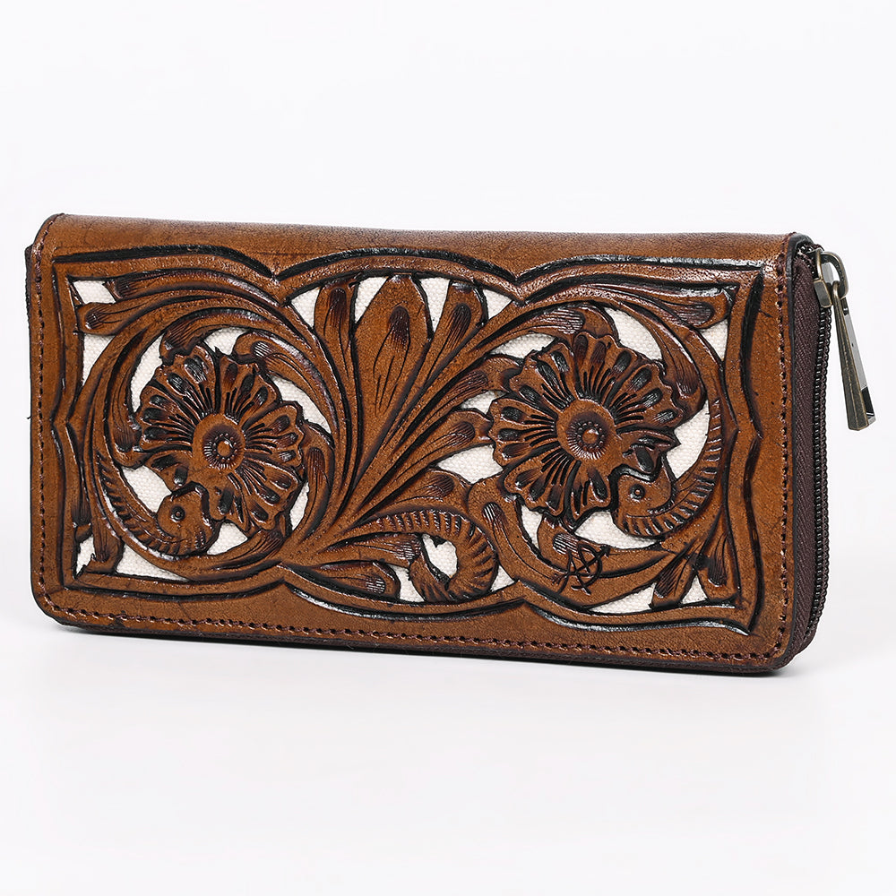 ADBGZ810 Hand-Tooled Leather Wallet - Western Floral Zip Wallet with Inlay