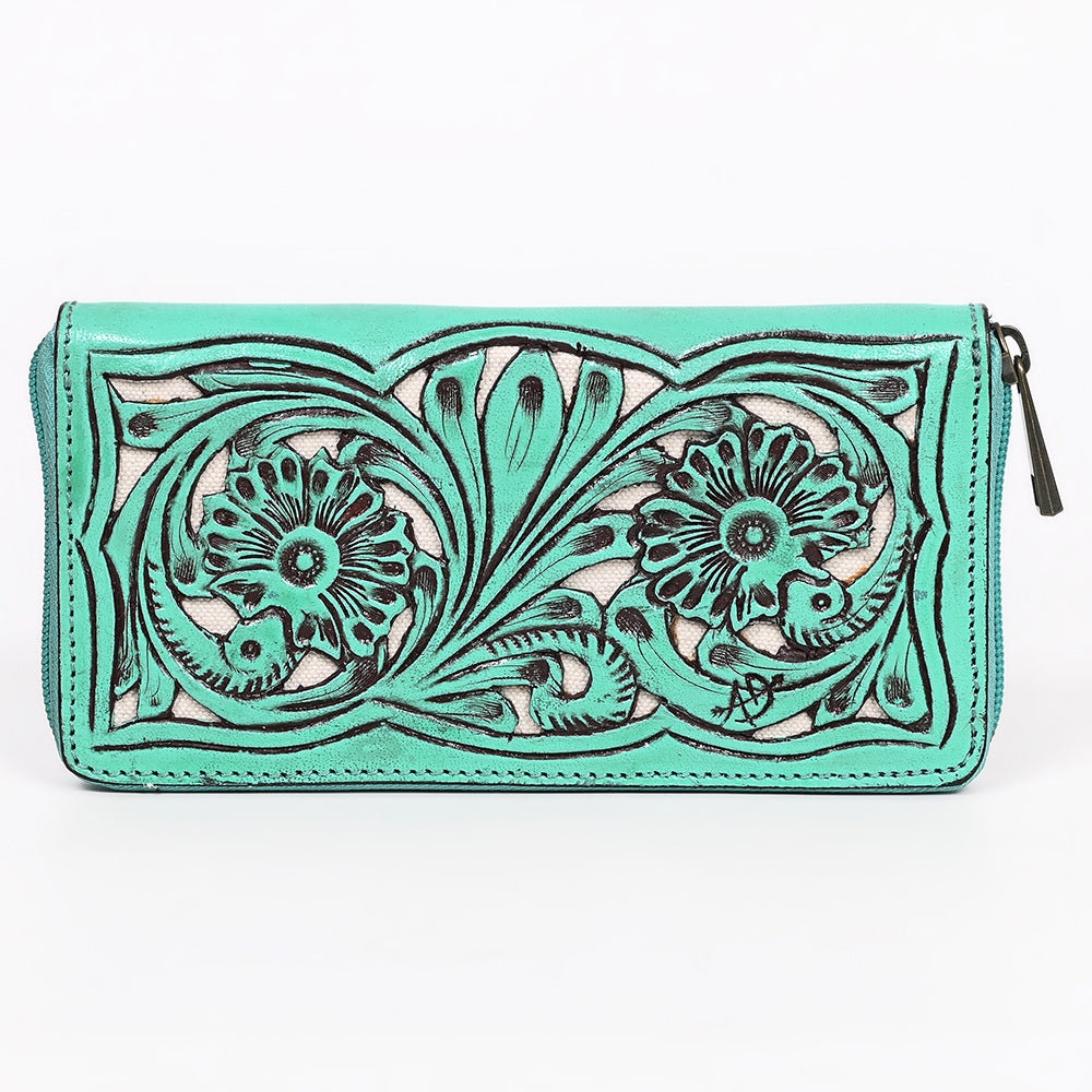 ADBGZ810 Hand-Tooled Leather Wallet - Western Floral Zip Wallet with Inlay