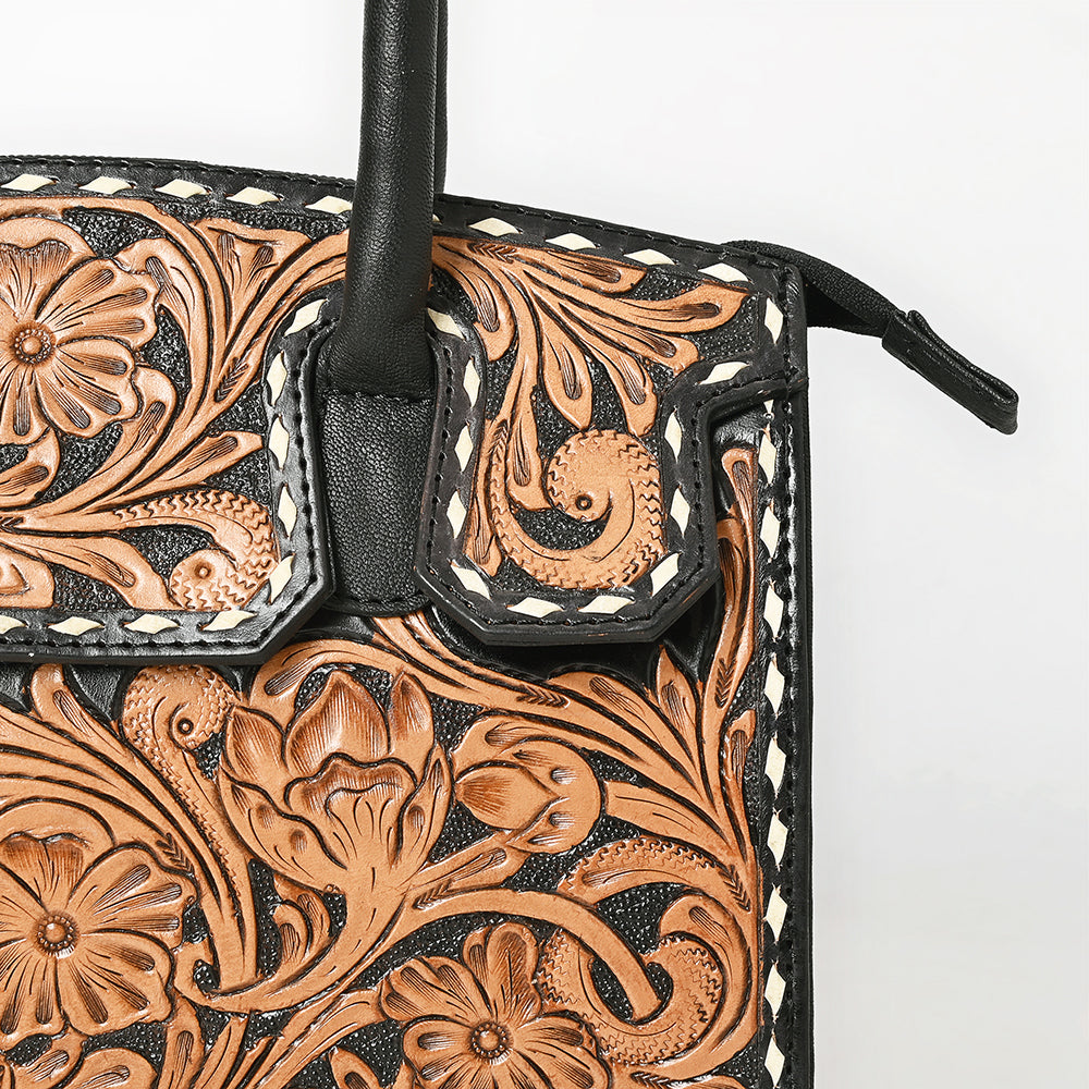 ADBG1733 American Darling Western Leather Tote Bag with Hand Tooled Floral Carving & Buck Stitched Detail