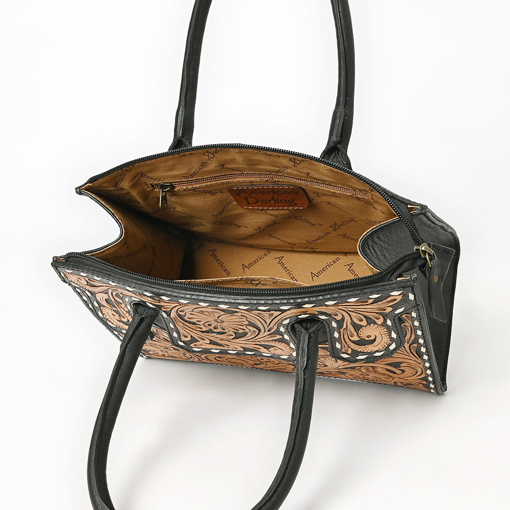 ADBG1733 American Darling Western Leather Tote Bag with Hand Tooled Floral Carving & Buck Stitched Detail