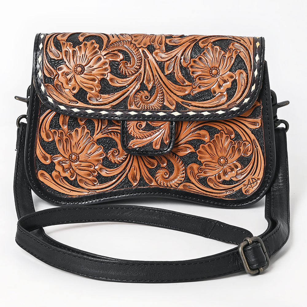 ADBG1734 Tooled Leather Crossbody Bag in Black & Tan Western Floral Scroll Design