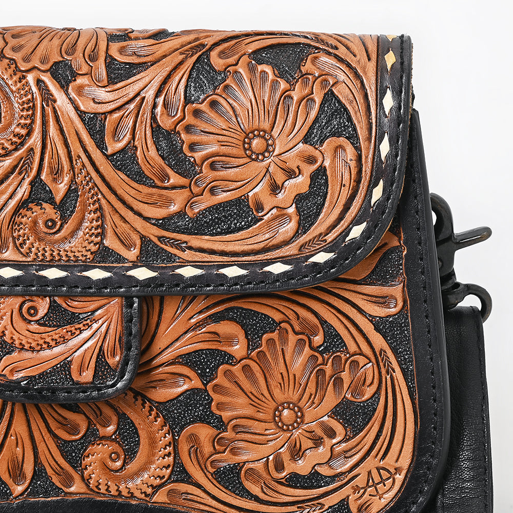 ADBG1734 Tooled Leather Crossbody Bag in Black & Tan Western Floral Scroll Design