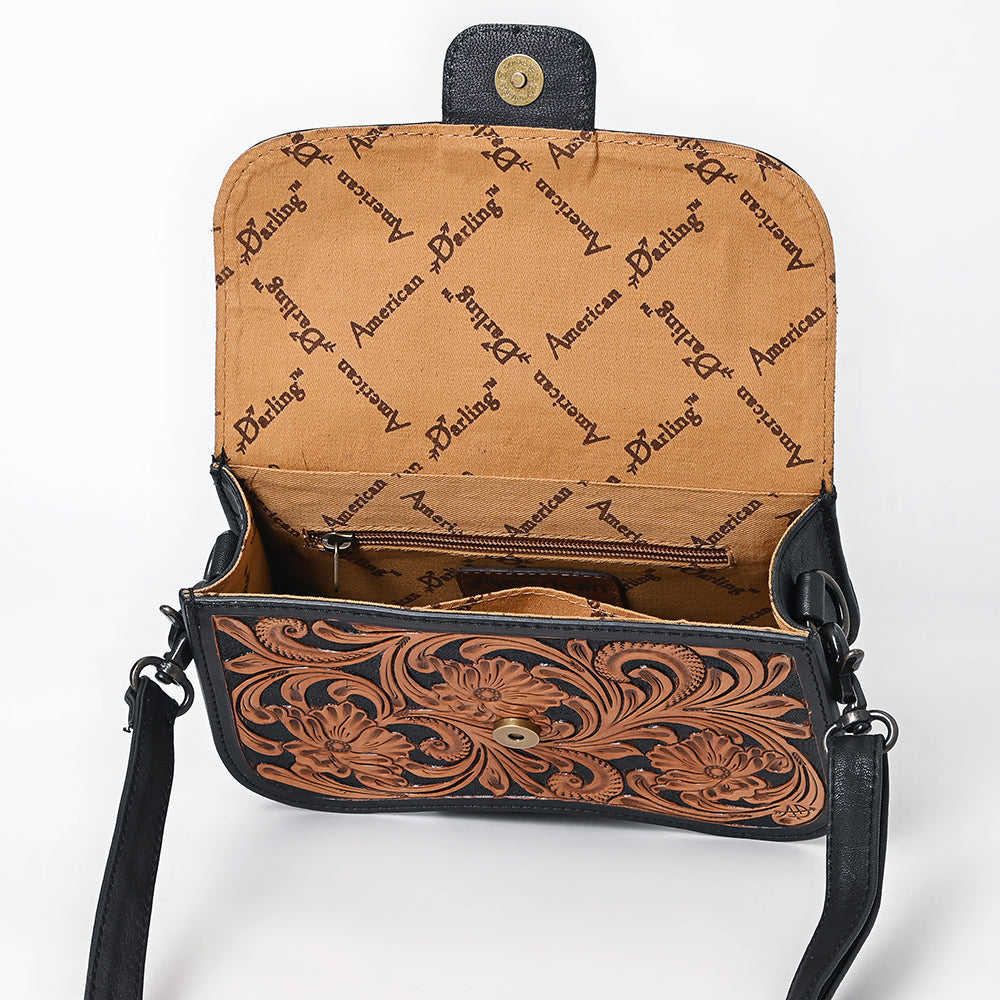 ADBG1734 Tooled Leather Crossbody Bag in Black & Tan Western Floral Scroll Design