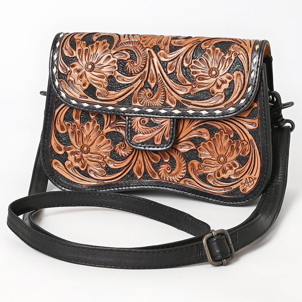 ADBG1734 Tooled Leather Crossbody Bag in Black & Tan Western Floral Scroll Design