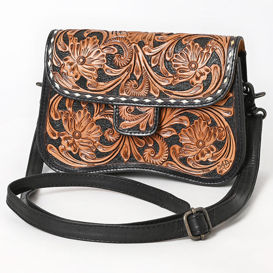 ADBG1734 Tooled Leather Crossbody Bag in Black & Tan Western Floral Scroll Design