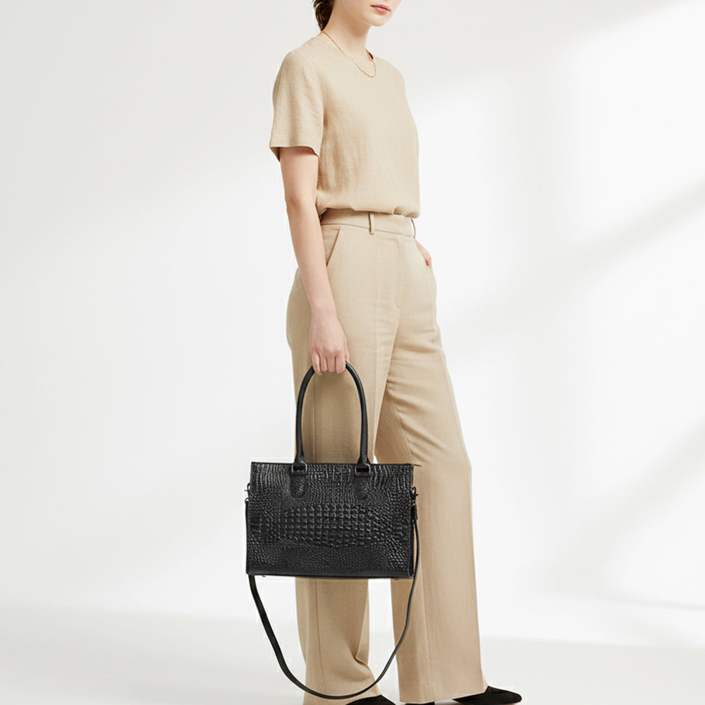 ADBG1737 Black Embossed Croc-Pattern Leather Tote with Dual Handles & Crossbody Strap