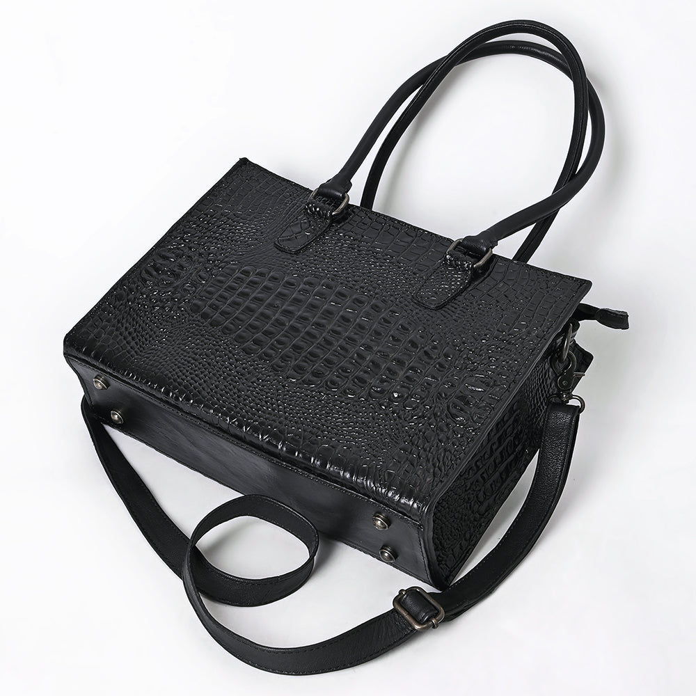 ADBG1737 Black Embossed Croc-Pattern Leather Tote with Dual Handles & Crossbody Strap