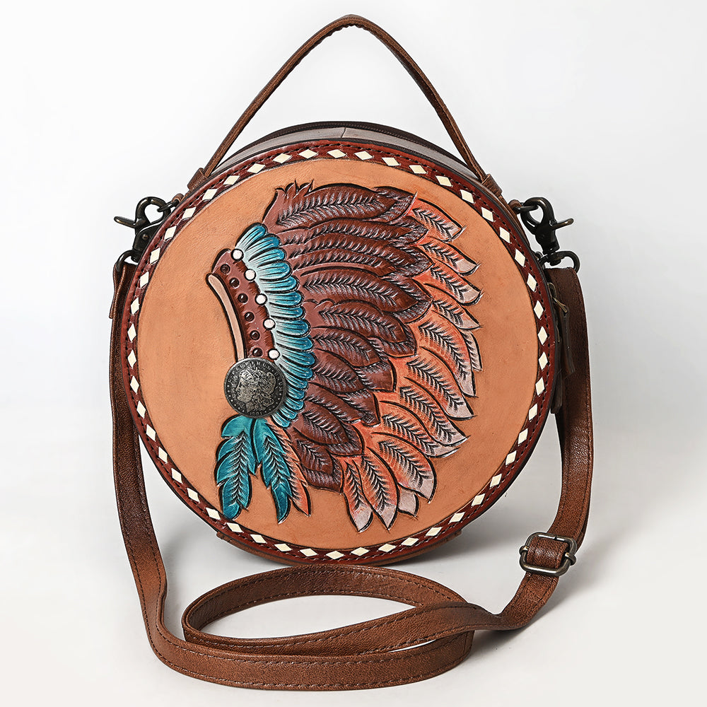 ADBG1740 Round Tooled Leather Crossbody Bag with Hand-Painted Headdress Design Western Artisan Style