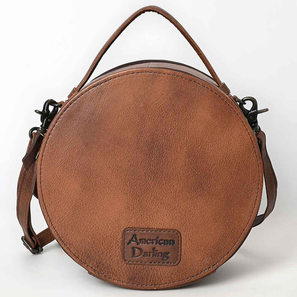 ADBG1740 Round Tooled Leather Crossbody Bag with Hand-Painted Headdress Design Western Artisan Style