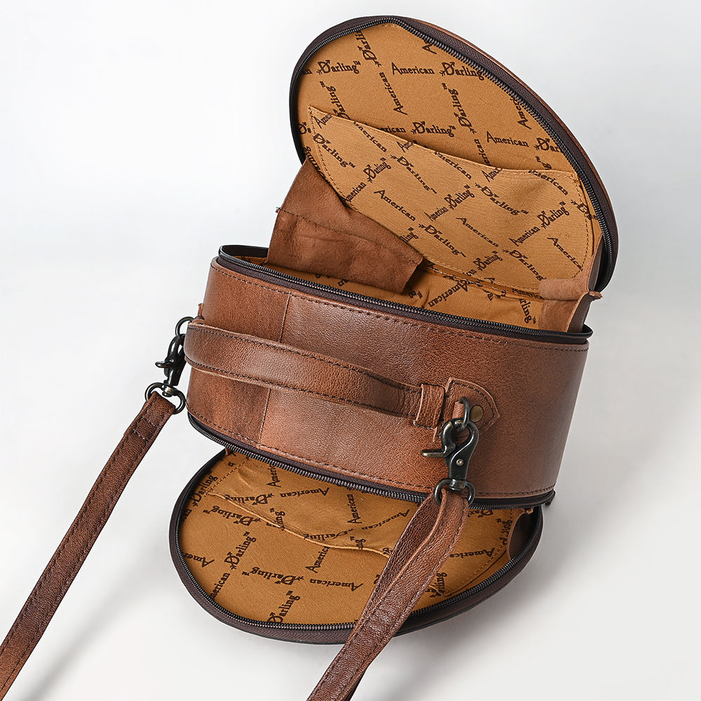 ADBG1740 Round Tooled Leather Crossbody Bag with Hand-Painted Headdress Design Western Artisan Style