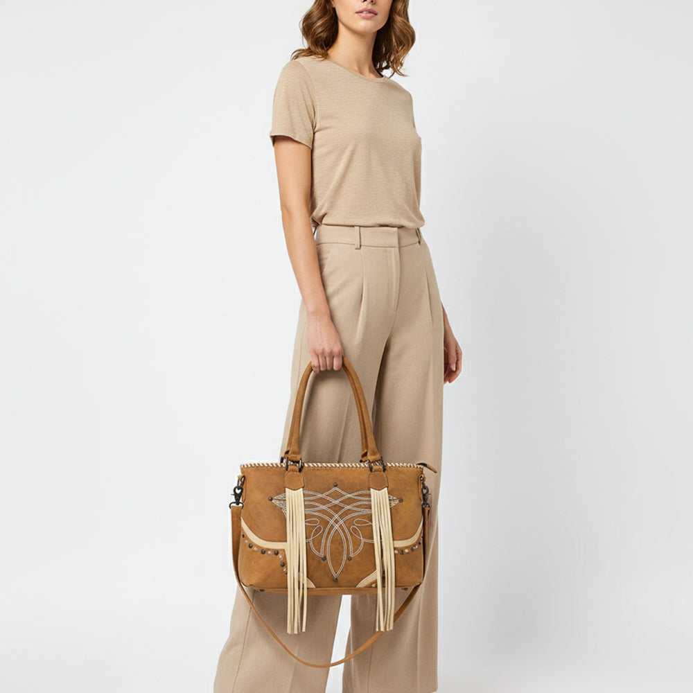ADBG1743 Tan Genuine suede Western Tote with White Stitch Embroidery, Fringe Tassels & Crossbody Strap