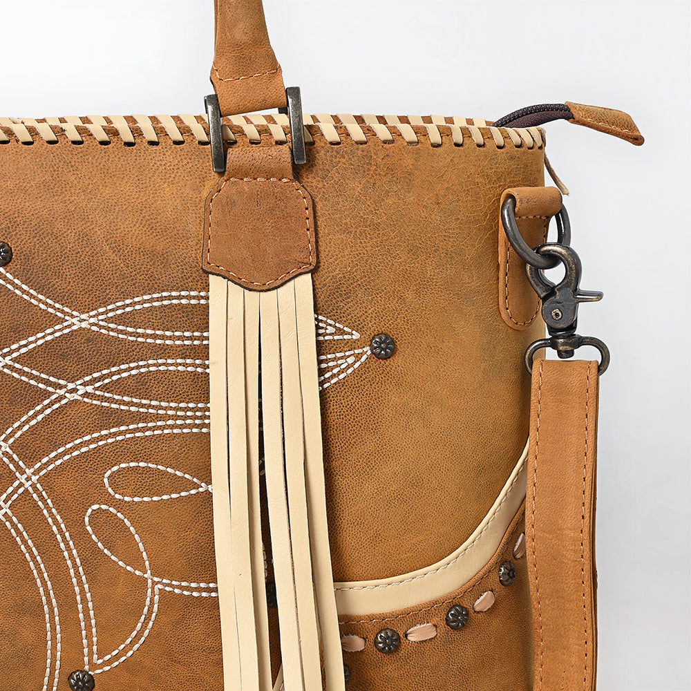ADBG1743 Tan Genuine suede Western Tote with White Stitch Embroidery, Fringe Tassels & Crossbody Strap