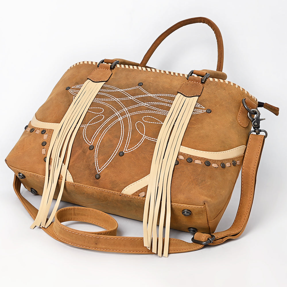ADBG1743 Tan Genuine suede Western Tote with White Stitch Embroidery, Fringe Tassels & Crossbody Strap