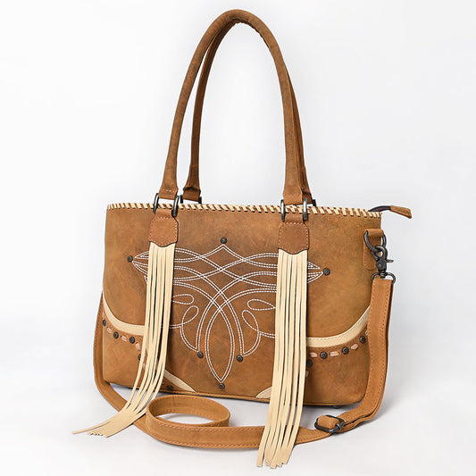 ADBG1743 Tan Genuine suede Western Tote with White Stitch Embroidery, Fringe Tassels & Crossbody Strap