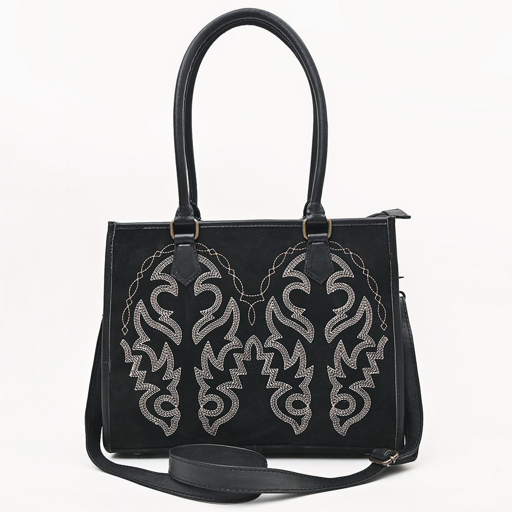 ADBG1744 Genuine suede Western Tote with White Embroidered Stitching & Diamond Whipstitch Trim