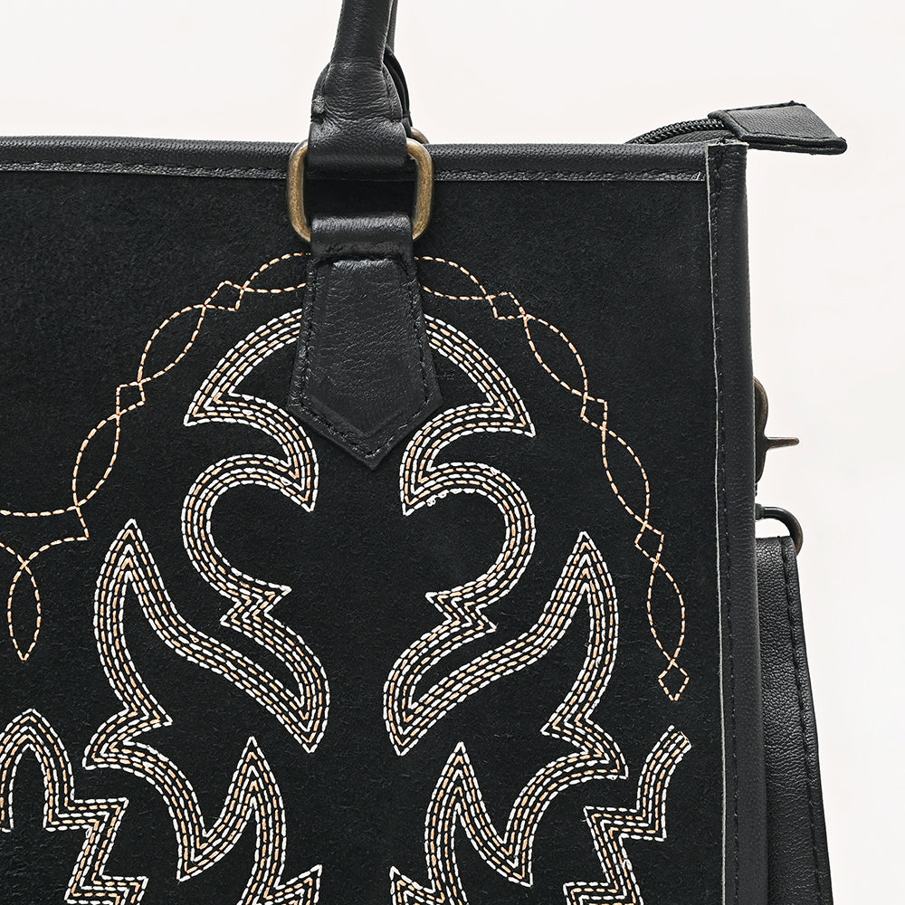 ADBG1744 Genuine suede Western Tote with White Embroidered Stitching & Diamond Whipstitch Trim