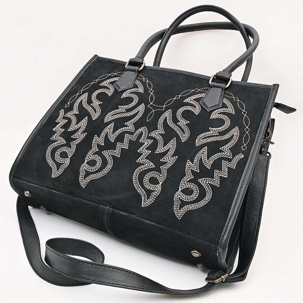 ADBG1744 Genuine suede Western Tote with White Embroidered Stitching & Diamond Whipstitch Trim