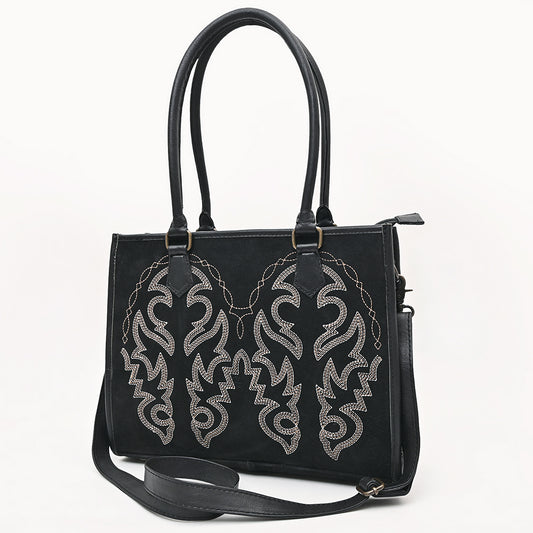 ADBG1744 Genuine suede Western Tote with White Embroidered Stitching & Diamond Whipstitch Trim