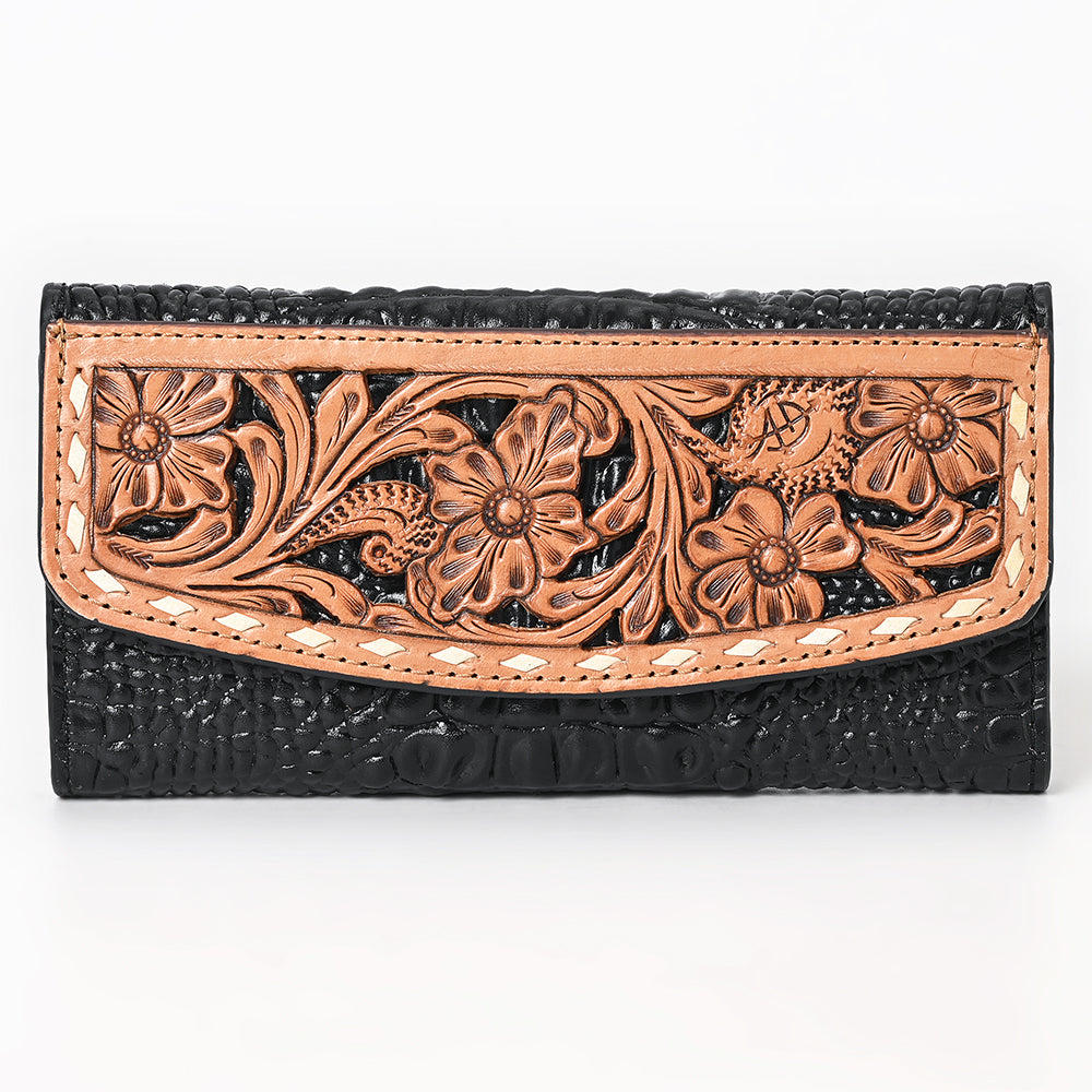 ADBG1745 Tooled Leather Floral Wallet Black Croc Embossed Base with Tan Hand-Carved Overlay