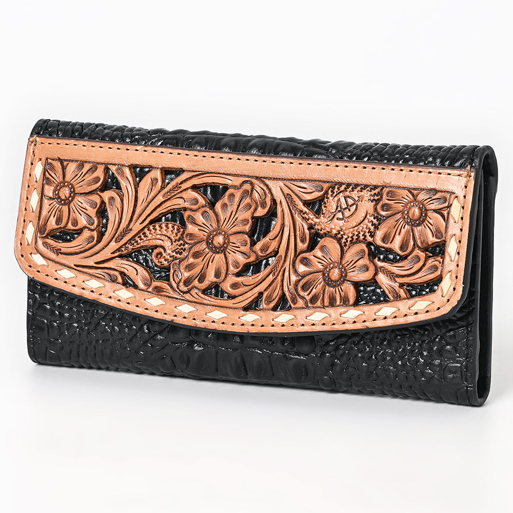 ADBG1745 Tooled Leather Floral Wallet Black Croc Embossed Base with Tan Hand-Carved Overlay